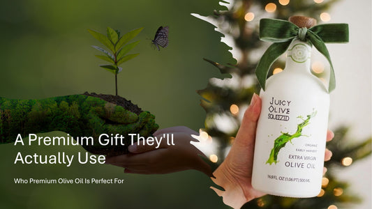 Premium extra virgin olive oil presented as an elegant gourmet gift with green olives and refined packaging