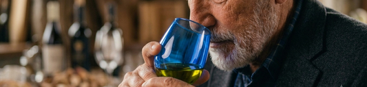 Olive oil taster evaluating extra virgin olive oil aroma in a dark tasting glass