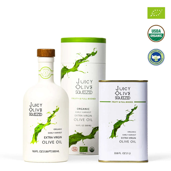 Juicy Olive Squezzed organic extra virgin olive oil set including a white bottle with a brown cap, a white cylindrical tin, and a white rectangular can, all featuring green splash graphics. USDA Organic and organic certification badges are shown on the right against a white background.